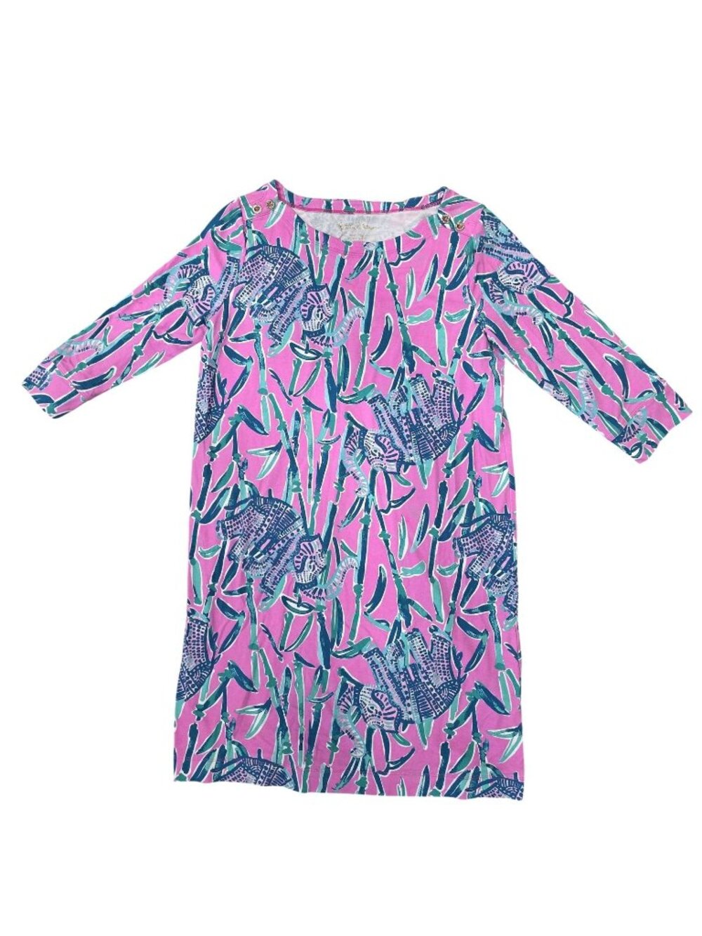 Lilly Pulitzer Pink & Blue Seashell Bamboo Print 3/4 Sleeve Dress Size 12/14